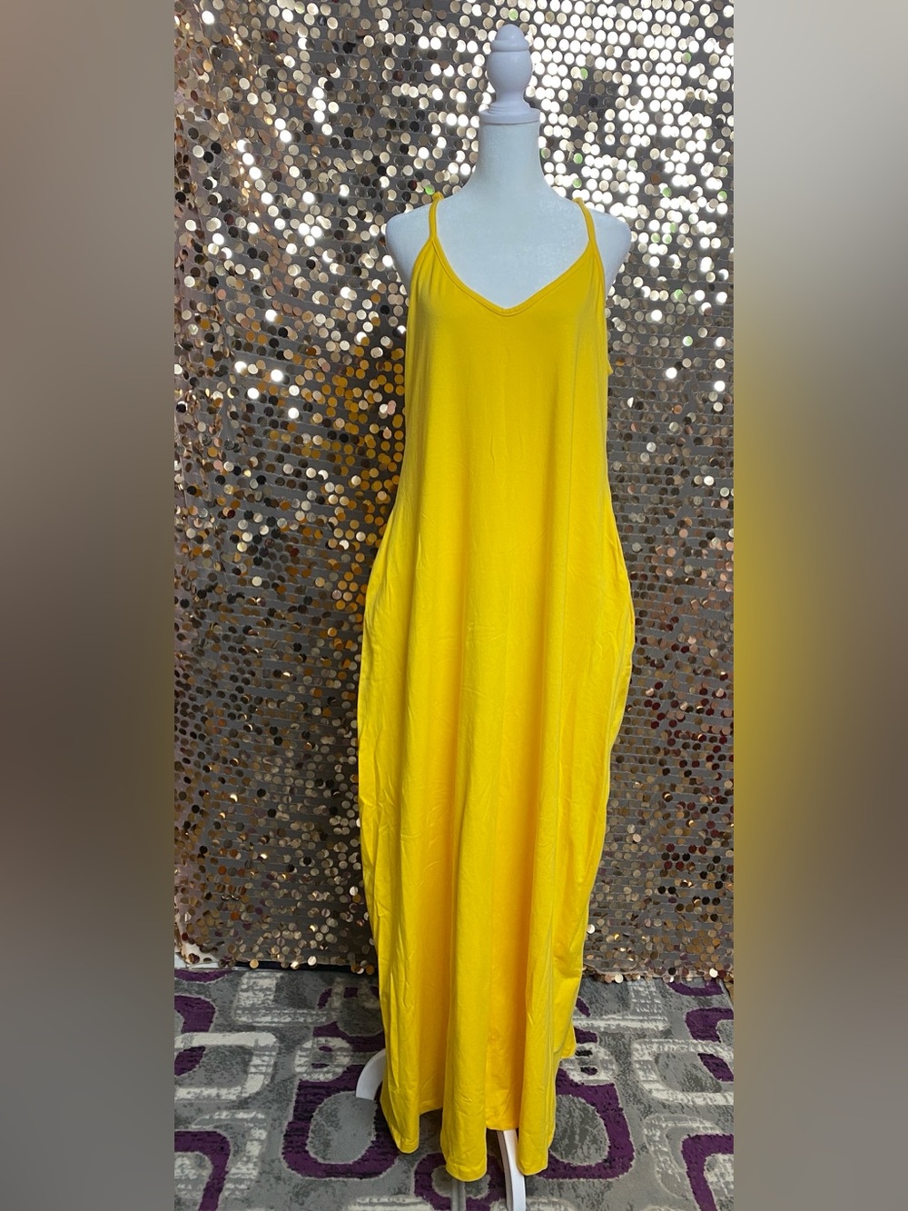 Yellow V-Neck Spaghetti-Strap Maxi Dress Size Large #1616